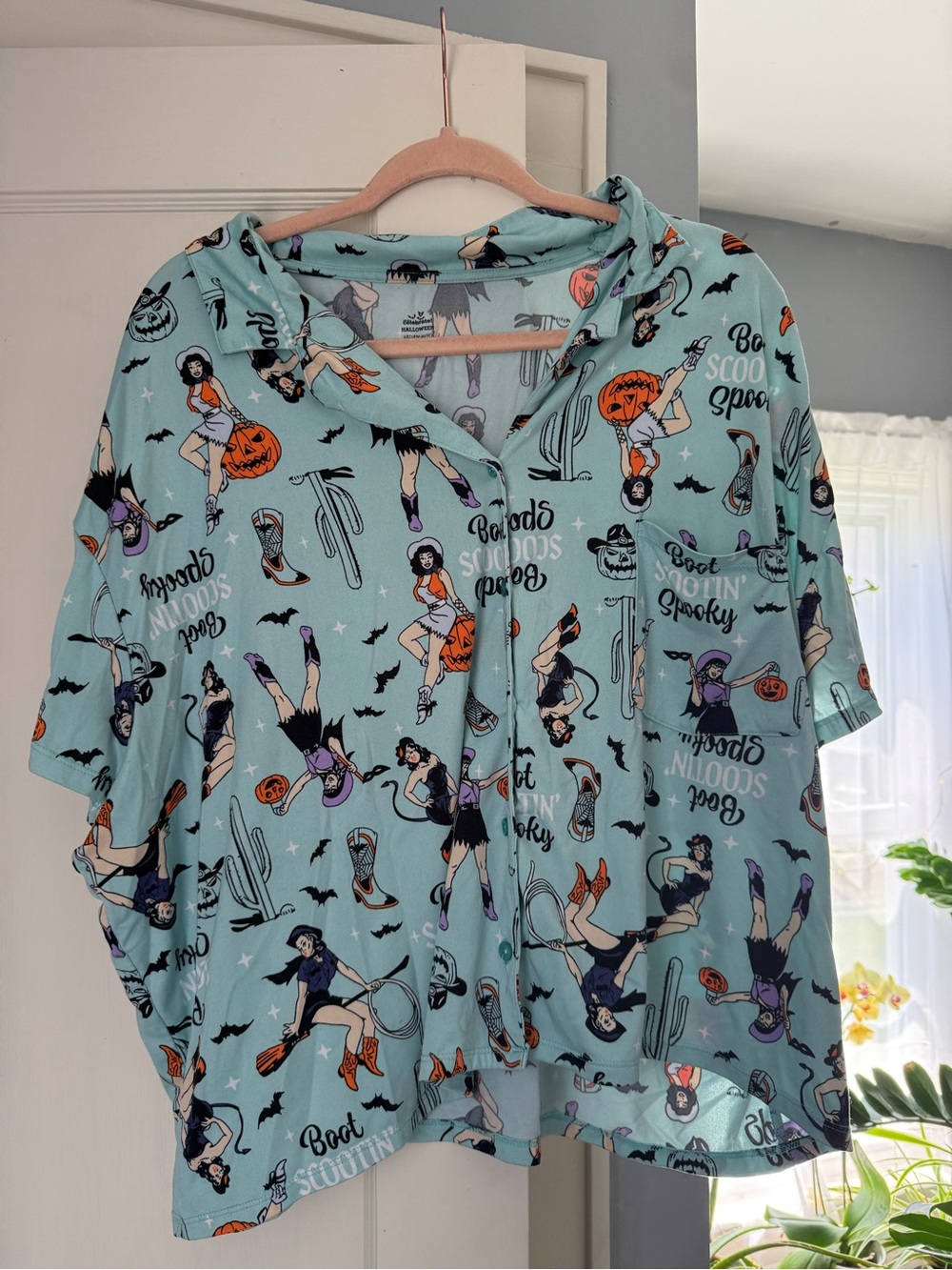 Light Teal Halloween Pinup Button Shirt